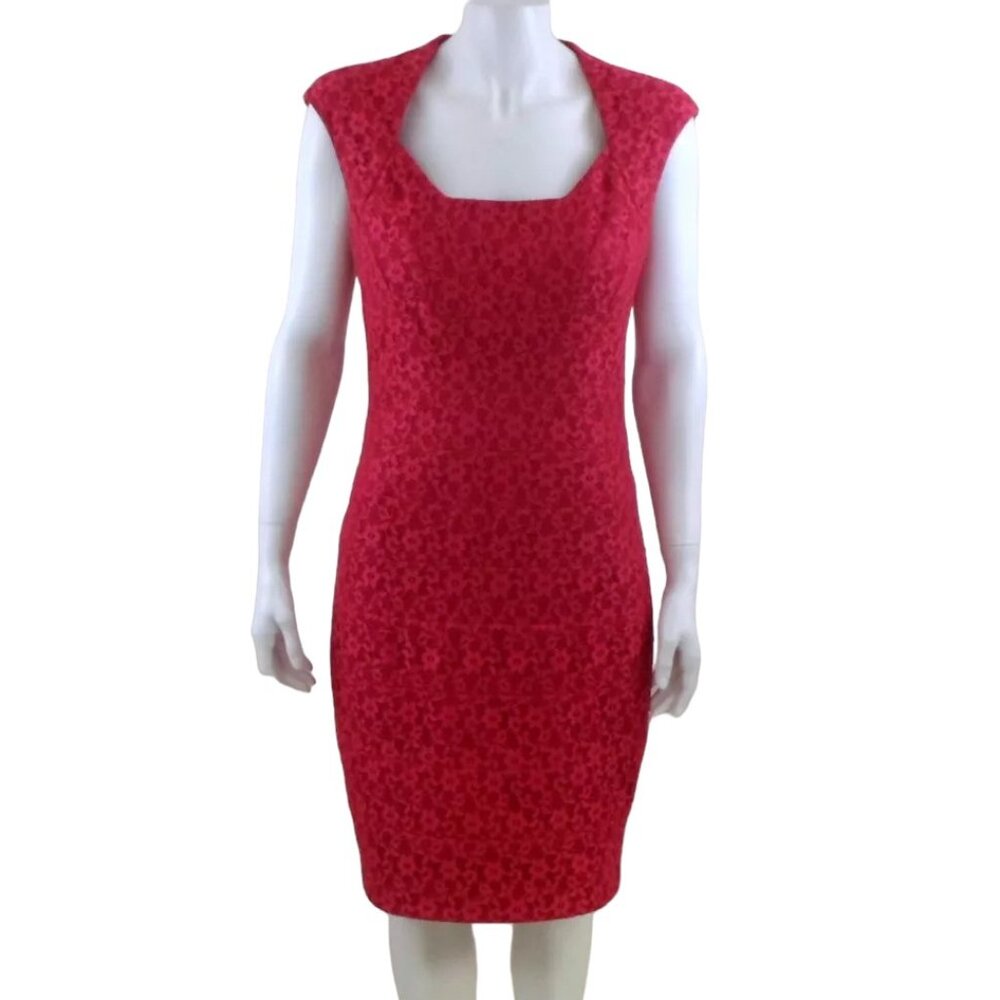 Sangria Fuchsia Pink Lace Overlay Sleeveless Knee Length Sheath Dress